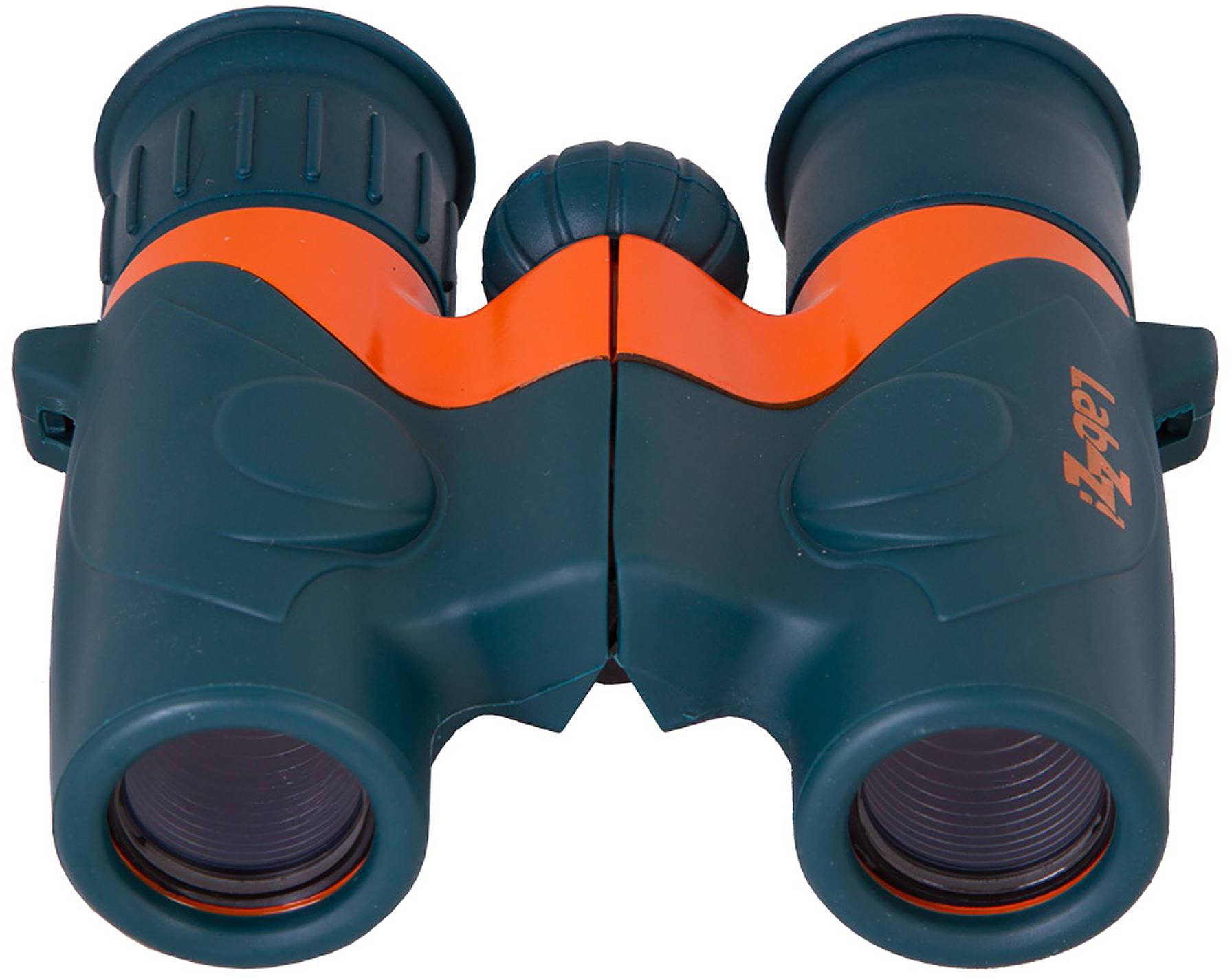 Para zielono-pomarańczowych lornetek, sfotografowanych od przodu.