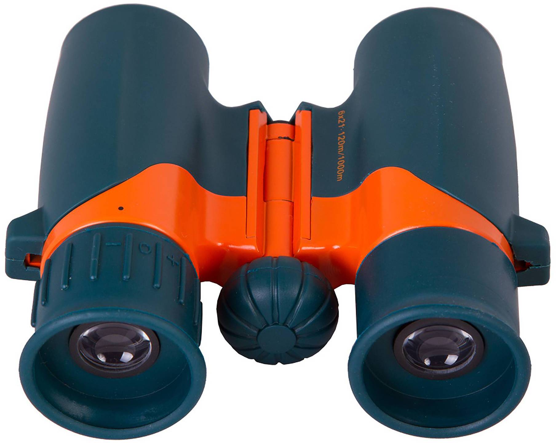 Lornetka w zielono-pomarańczowej kolorystyce, odpowiednia do obserwacji terenowych.