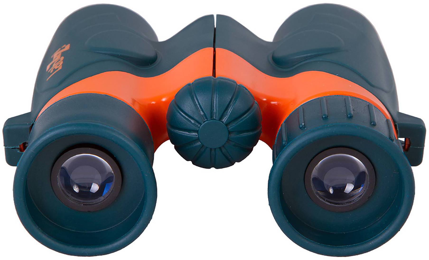 Zielona lornetka z pomarańczowymi detalami, widziana z przodu.