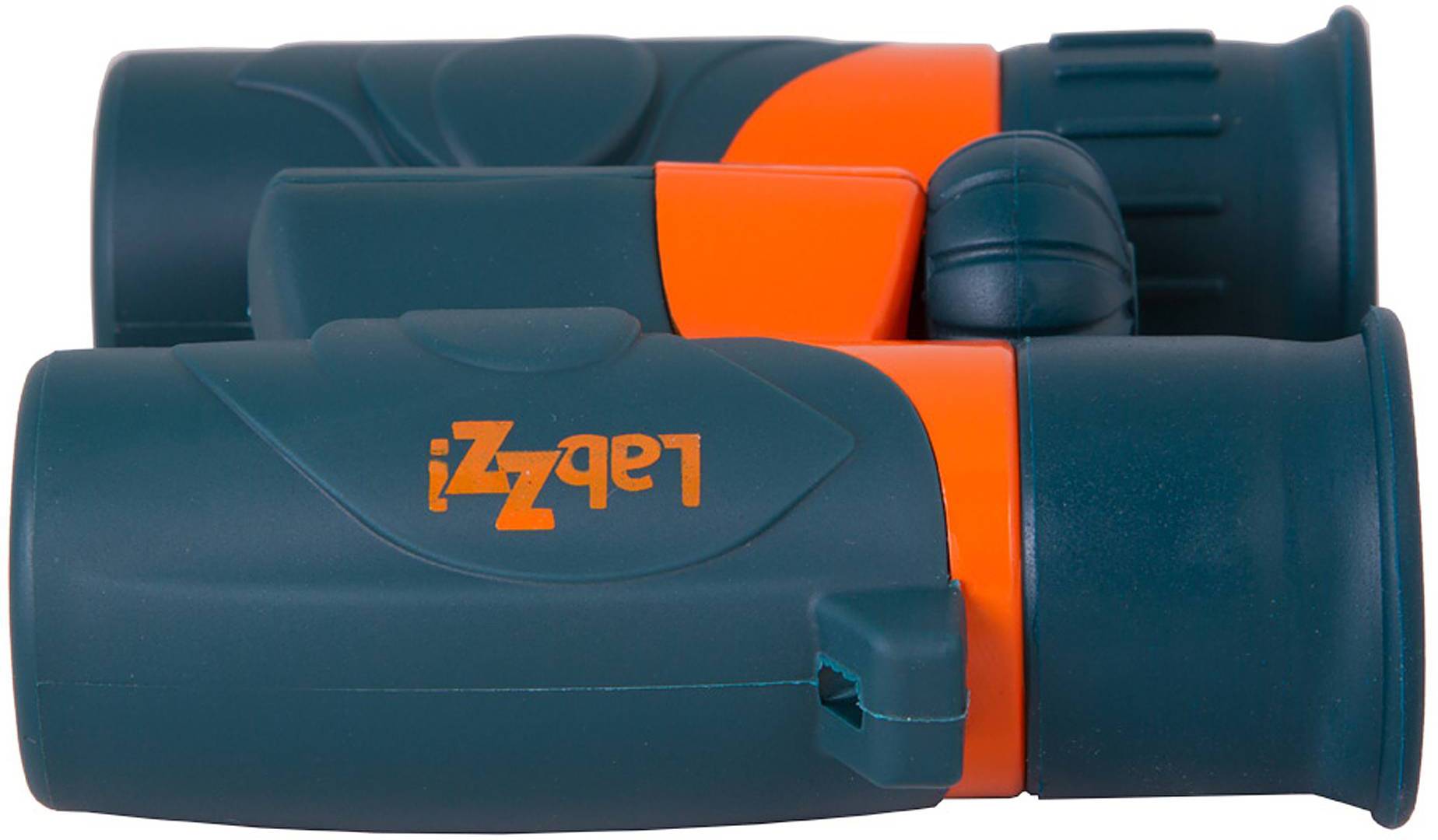 Kompaktowa, ciemnozielona lornetka dla dzieci z pomarańczowymi akcentami. Nazwa marki jest wydrukowana na pomarańczowo.