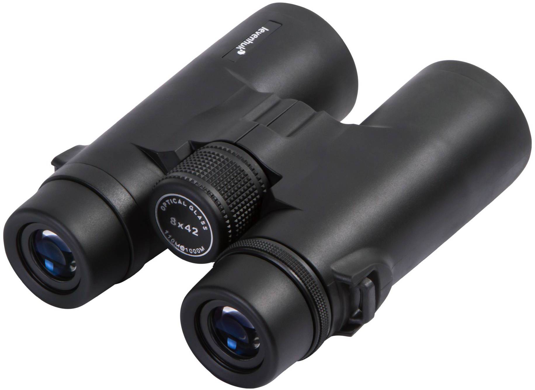 Czarna lornetka z niebieskimi soczewkami, model '8x42', na białym tle.