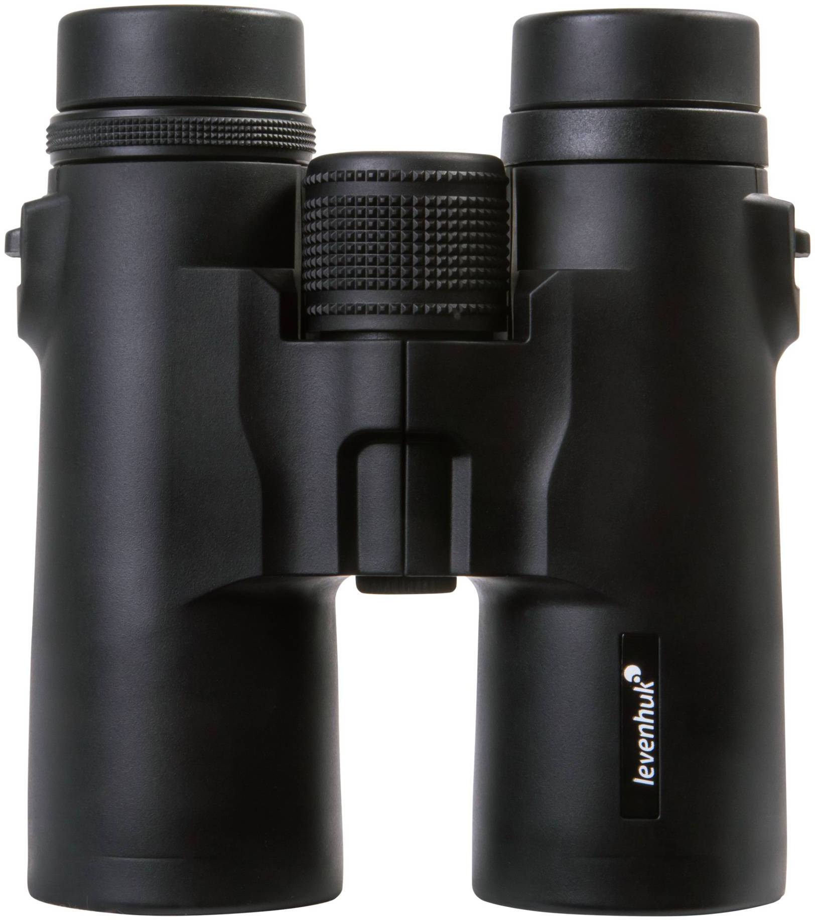 Lornetka w czarnym kolorze z centralnym kołem fokalizacyjnym i logo marki optycznej na jednej z optycznych rur.