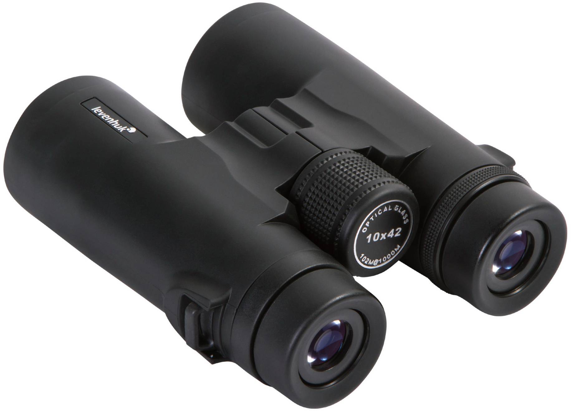 Czarna lornetka na białym tle, z kołem fokalizacyjnym i napisem '10x42' na okuliarze. Idealna do obserwacji.