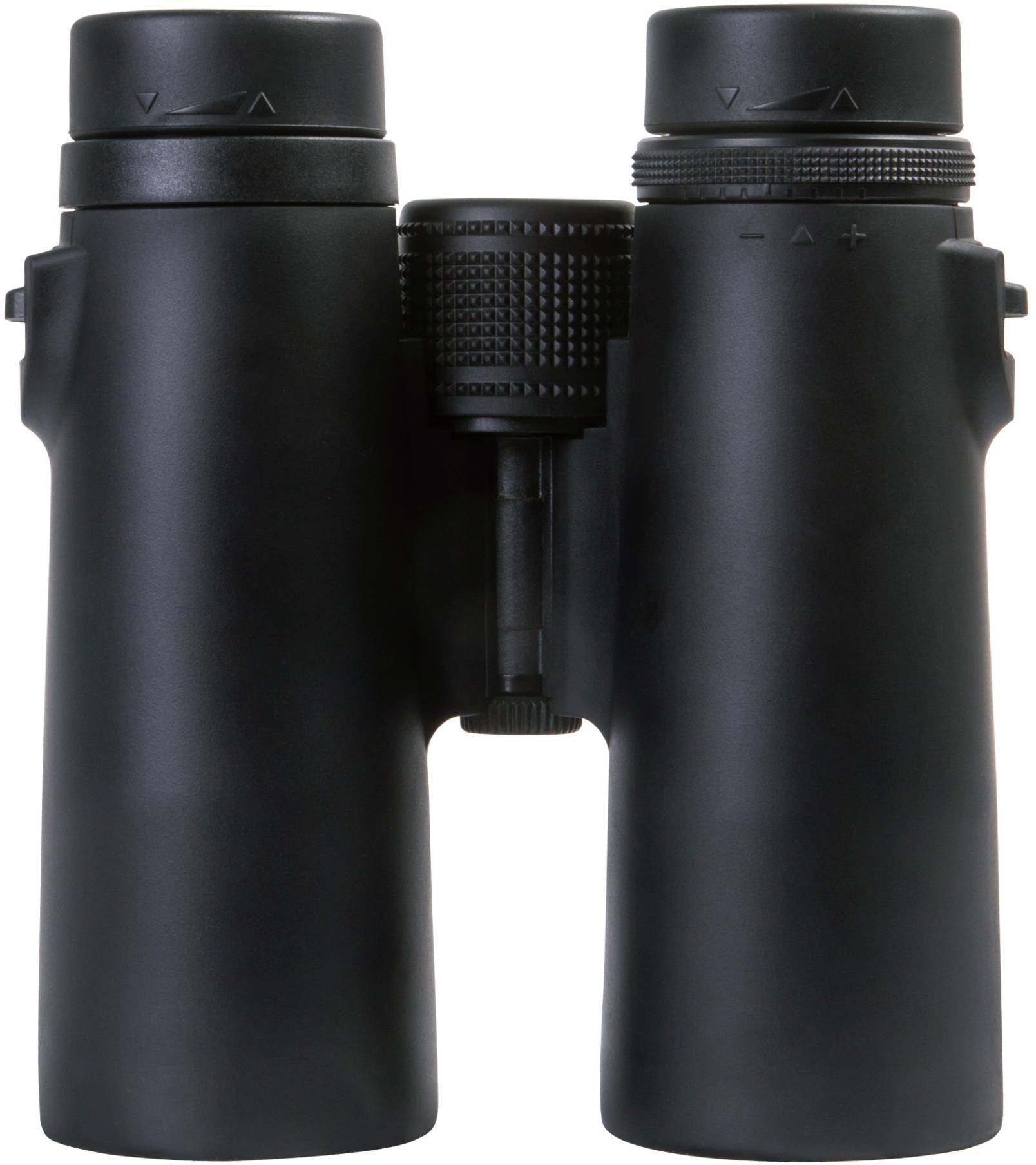 Czarna lornetka z powłoką antypoślizgową i regulacją ostrości. Idealna do obserwacji przyrody i aktywności na świeżym powietrzu.
