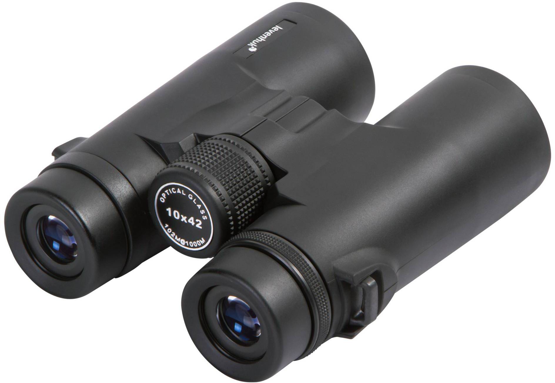 Czarna lornetka z regulacją powiększenia, widoczna z lewej strony z przodu.