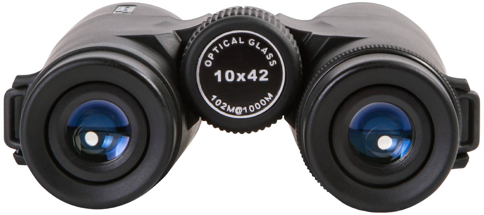 Lornetka z napisem 'Optical Glass 10x42', przeznaczona do powiększeń do 10-krotności; kompaktowa i przenośna.