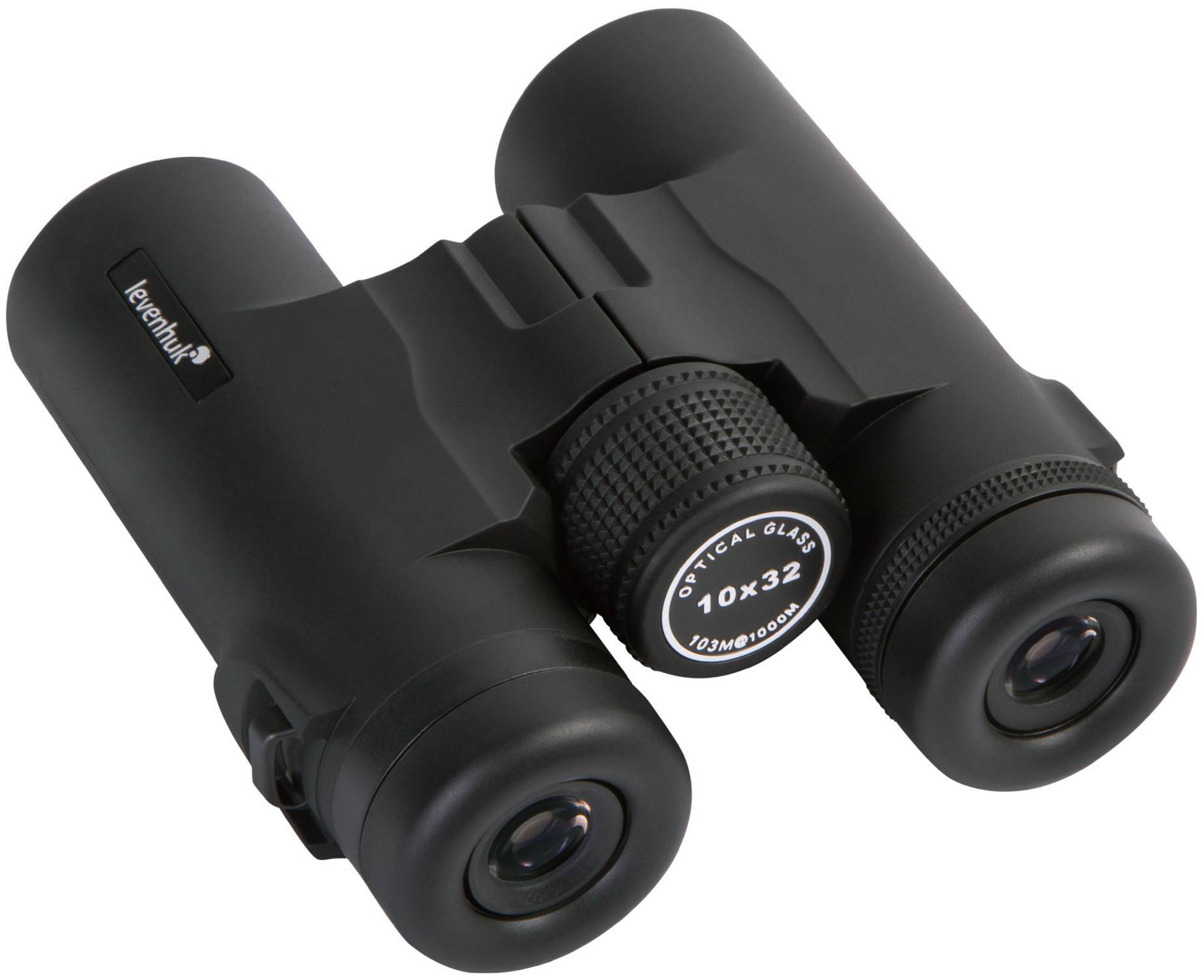 Czarna lornetka z napisem 'Optical Glass 10x32', odpowiednia do obserwacji na świeżym powietrzu i podczas podróży.