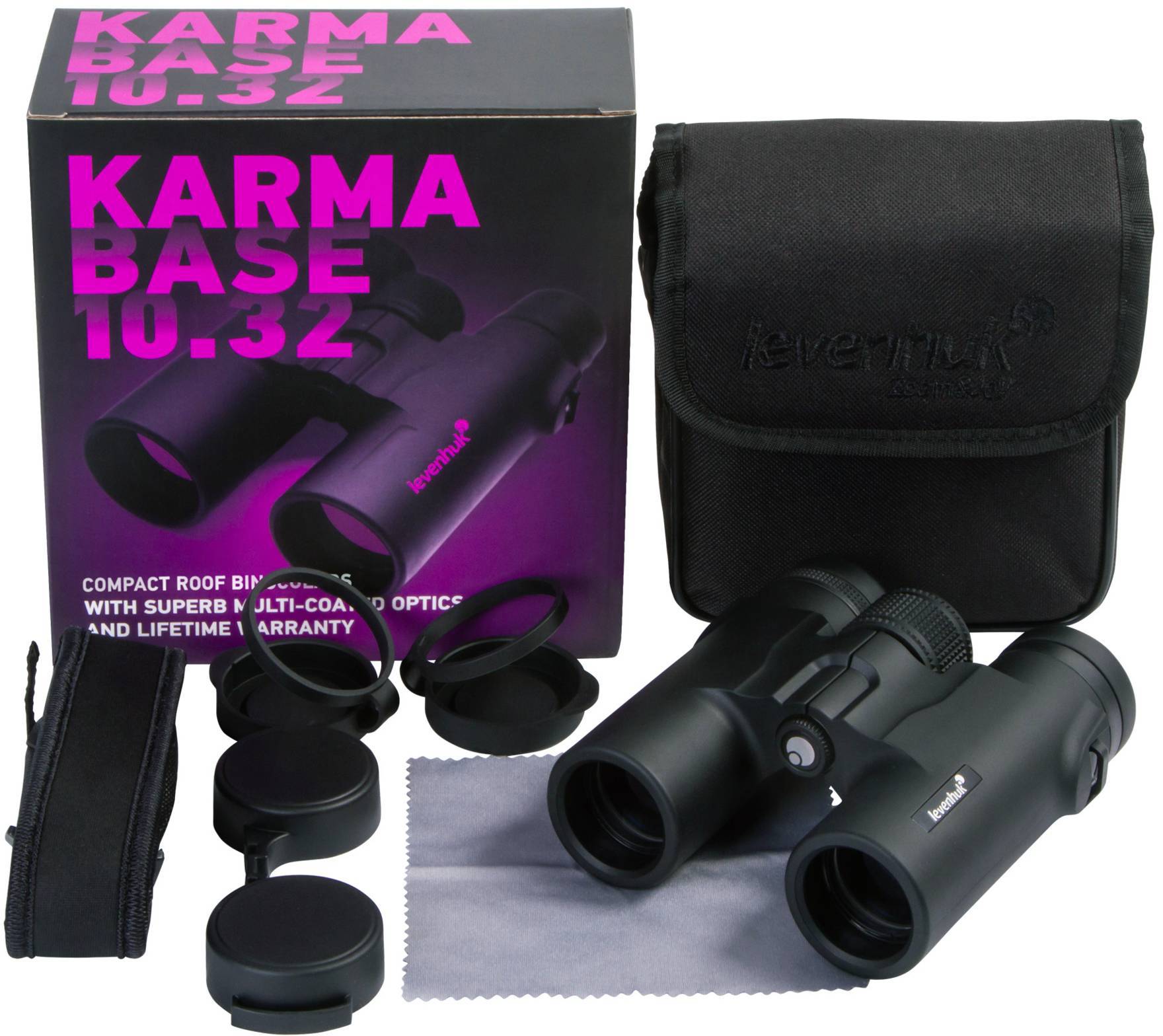 Zestaw lornetki z etui, nakładkami na soczewki, ściereczką do czyszczenia i opakowaniem, oznaczony napisem 'Karma Base 10x32'.