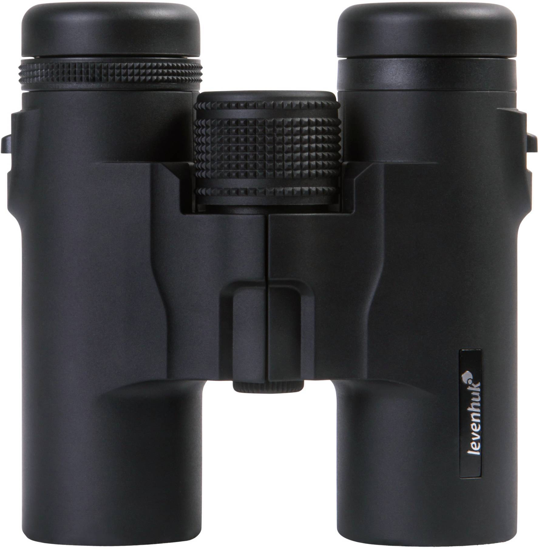 Czarna lornetka w kompaktowym kształcie z napisem 'levenhuk' na boku.