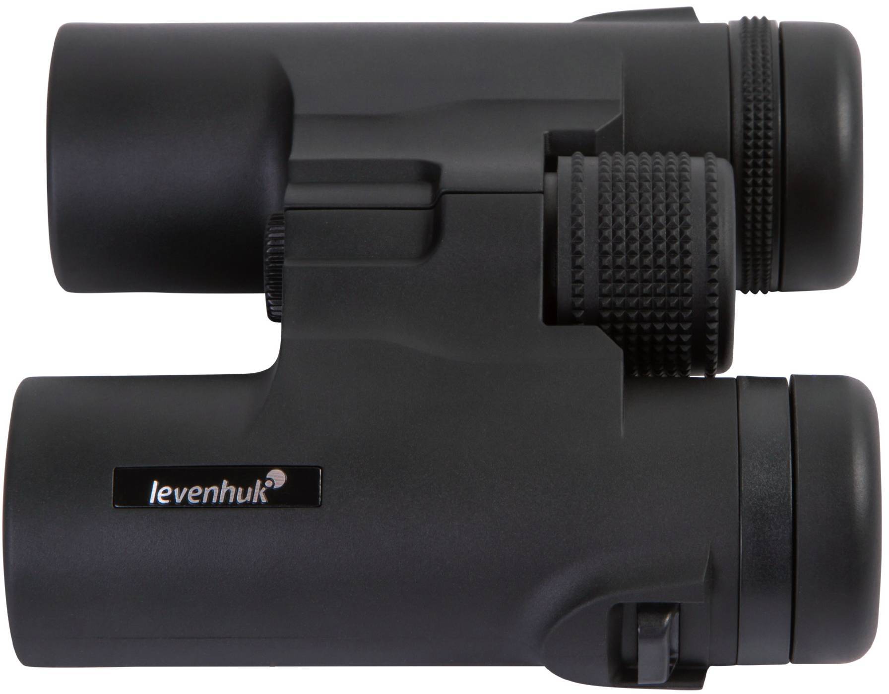 Czarne lornetki marki Levenhuk, ułożone poziomo, ukazują zaokrąglone okulary i centralne pokrętło ostrości.