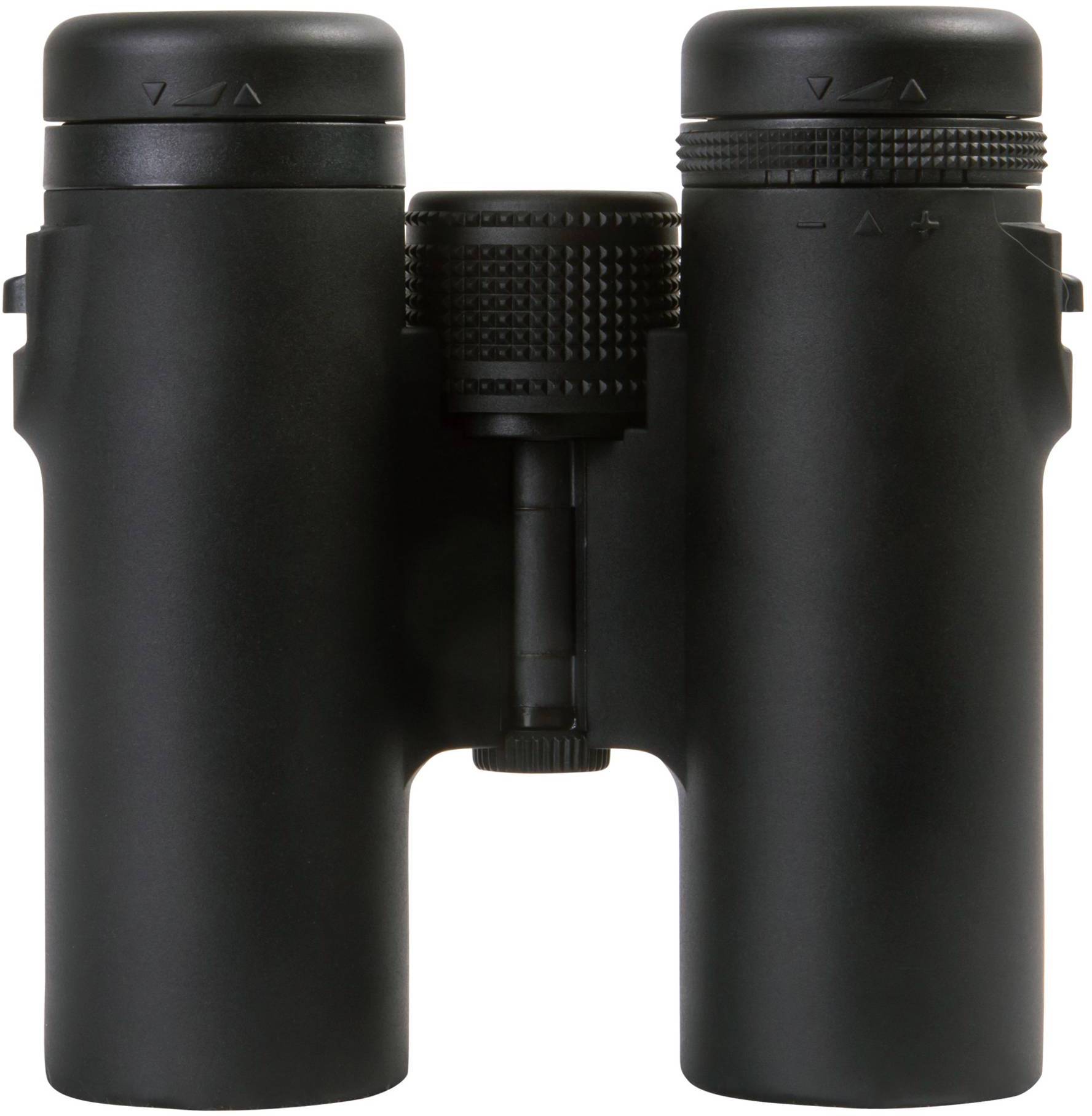 Czarna lornetka z regulowanym fokusem, idealna do obserwacji ptaków lub aktywności na świeżym powietrzu.
