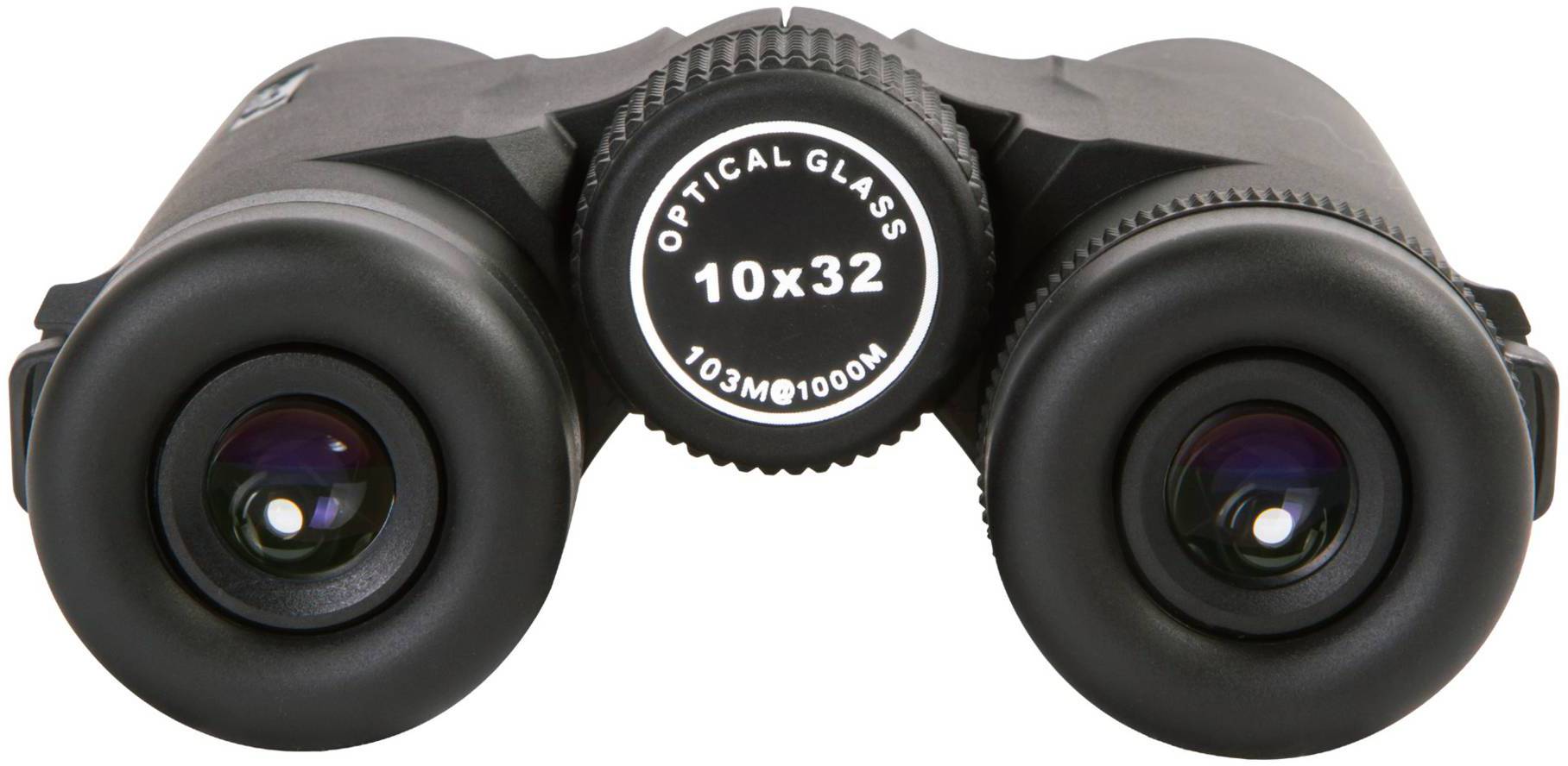 Lornetka z obudową w czarnym, matowym wykończeniu z napisem 'OPTICAL GLASS 10x32 103M@1000M' w centralnym miejscu.