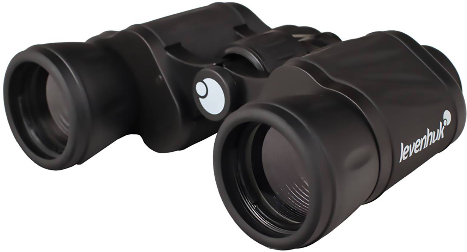 Lornetka w czarnej obudowie z wbudowaną optyką, odpowiednia do obserwacji przyrody lub wydarzeń sportowych.