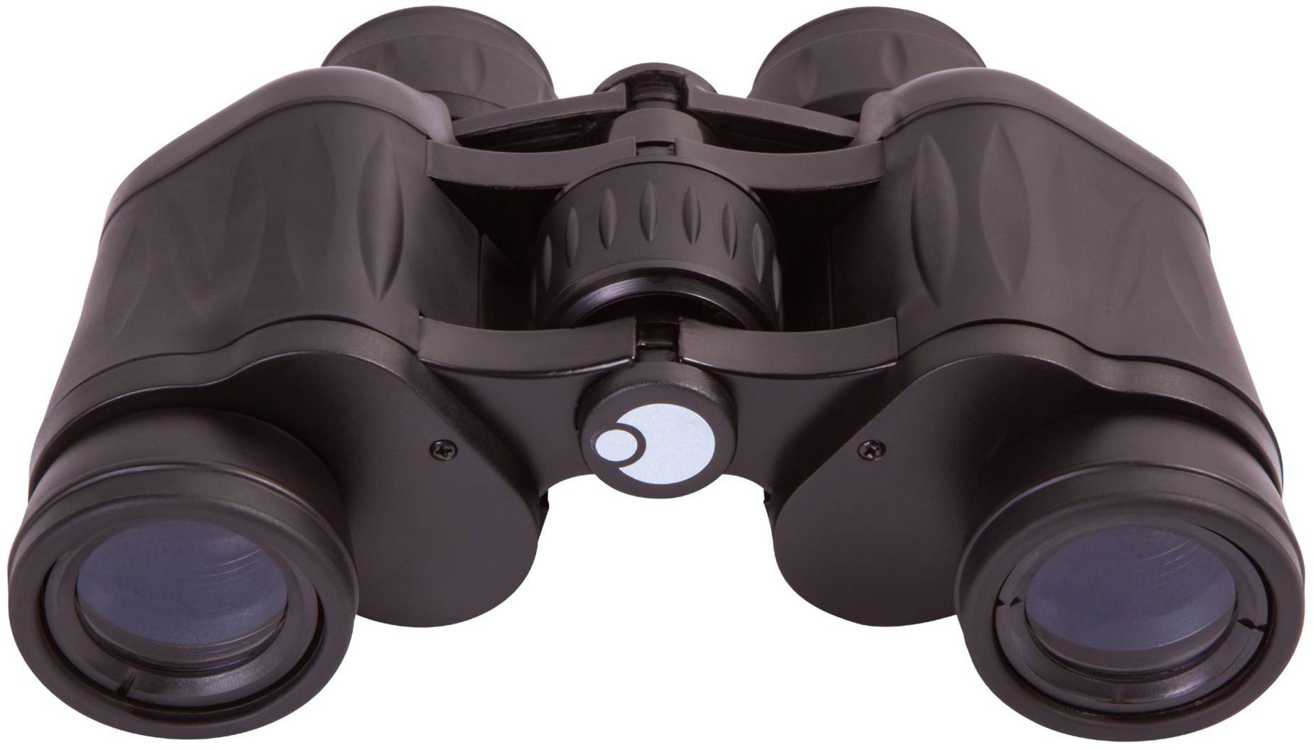 Czarna lornetka, widok z przodu.