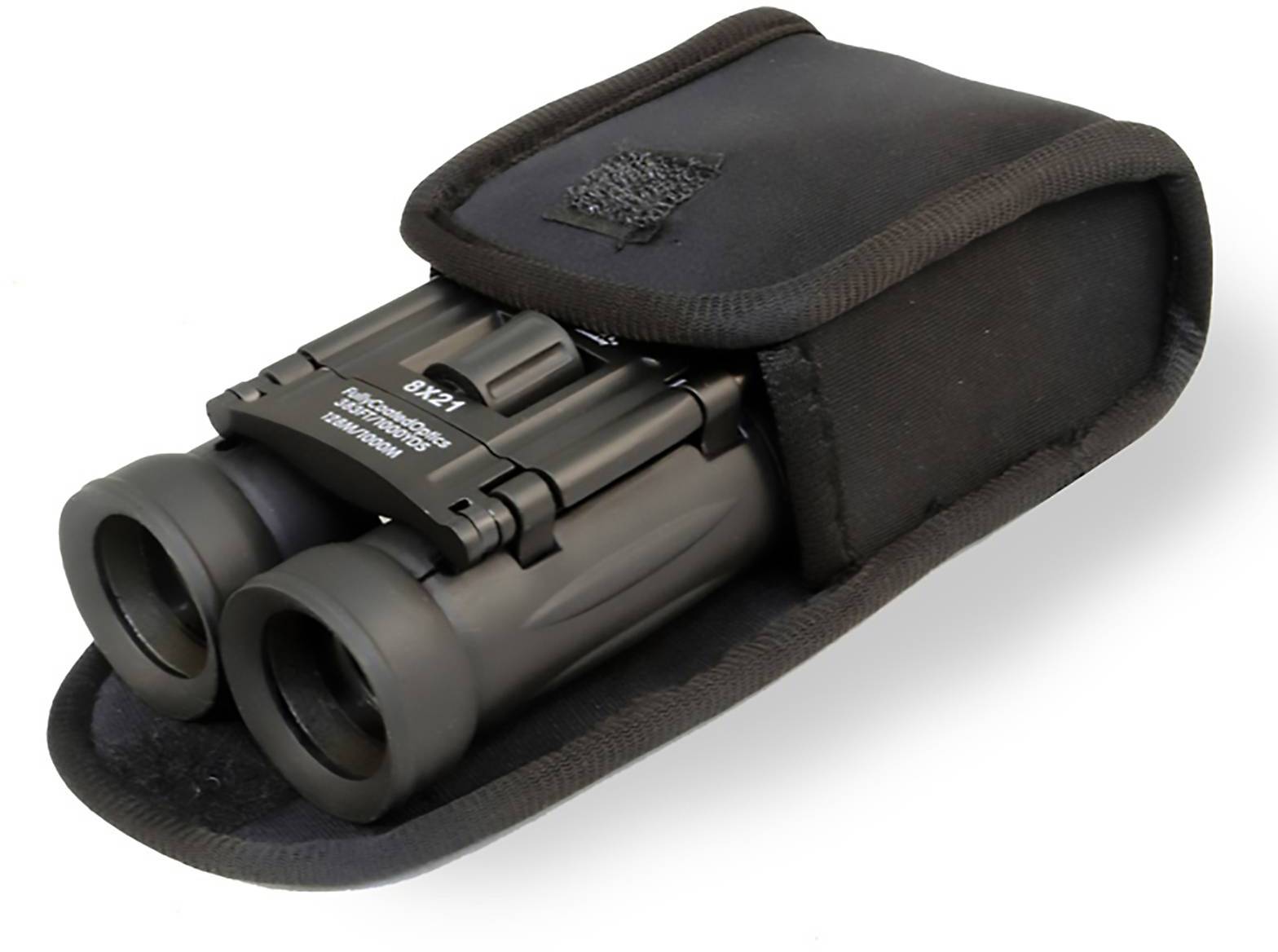 Czarna lornetka w miękkiej, czarnej torbie z zapięciem na rzep.