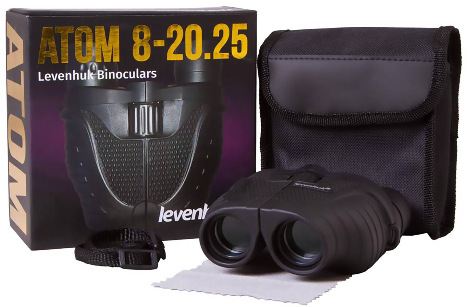 Lornetka 'Levenhuk Atom 8-20x25' z czarnym pokrowcem i akcesoriami do czyszczenia, reklamowana na opakowaniu.