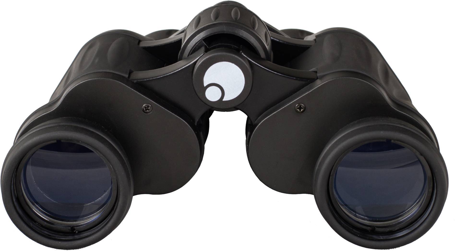 Czarna lornetka z niebieskimi soczewkami, widziana od przodu.