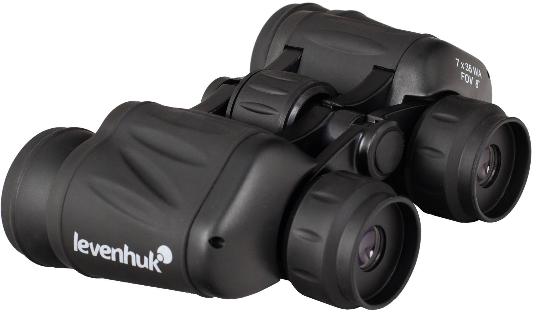 Lornetka z napisem 'Levenhuk' po lewej stronie. Jest czarna i kompaktowa, idealna do obserwacji w terenie.