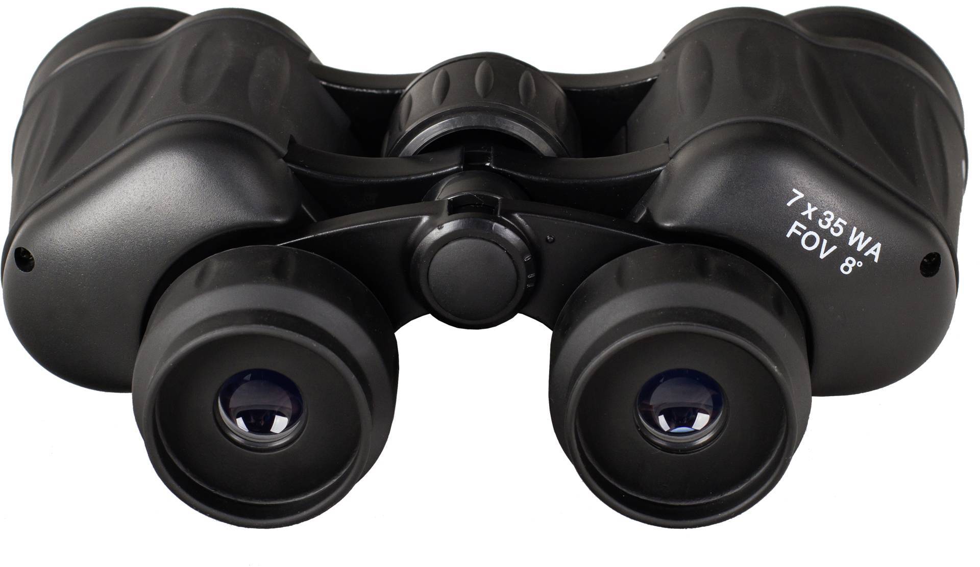 Czarna lornetka z napisem '7x35 WA FOV 8°', odpowiednia do aktywności na świeżym powietrzu, obserwacji odległości i przyrody.