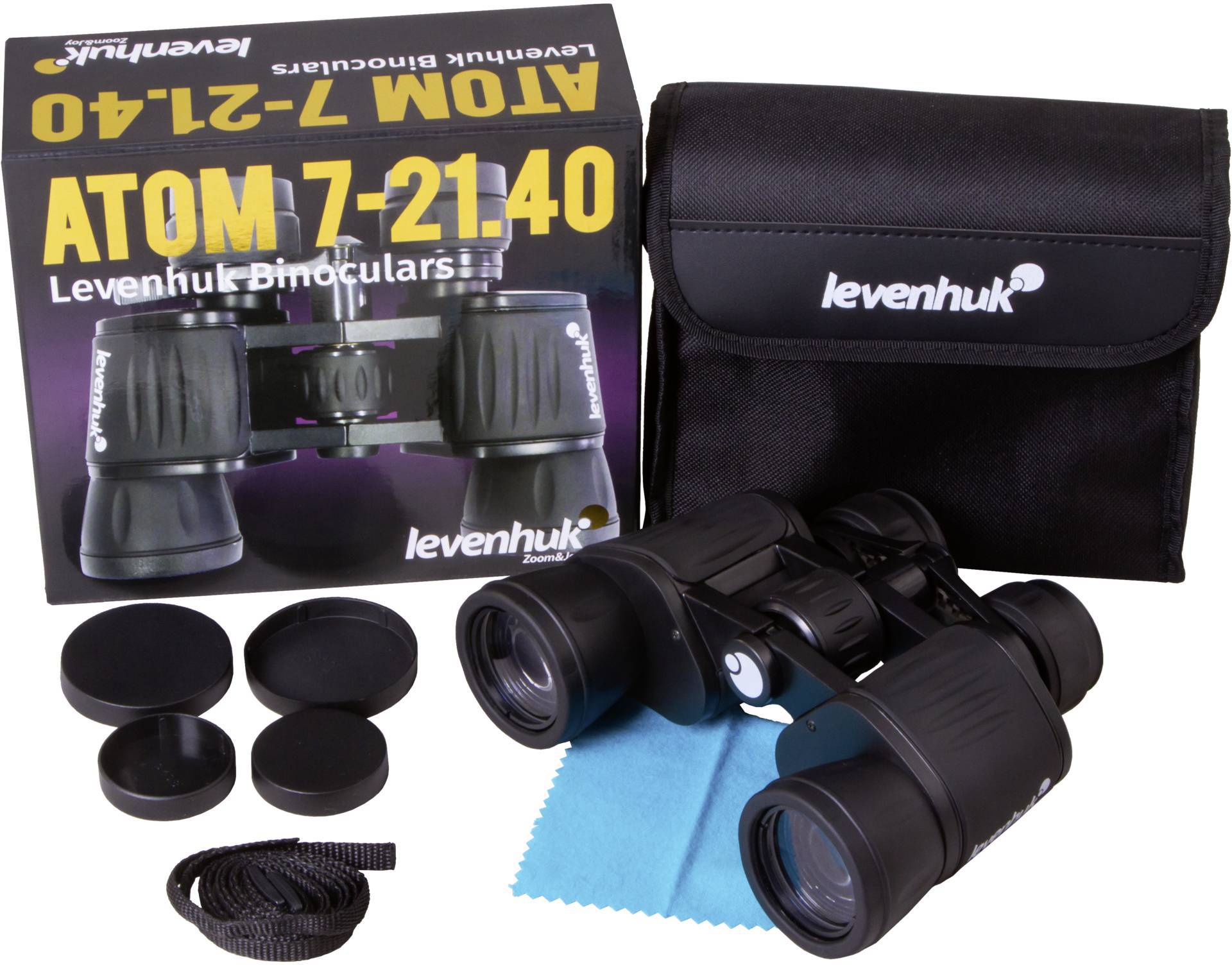 Zestaw lornetki Levenhuk 7-21x40 z etui, nakładkami na obiektywy, ściereczką do czyszczenia, paskiem do przenoszenia i oryginalnym opakowaniem.