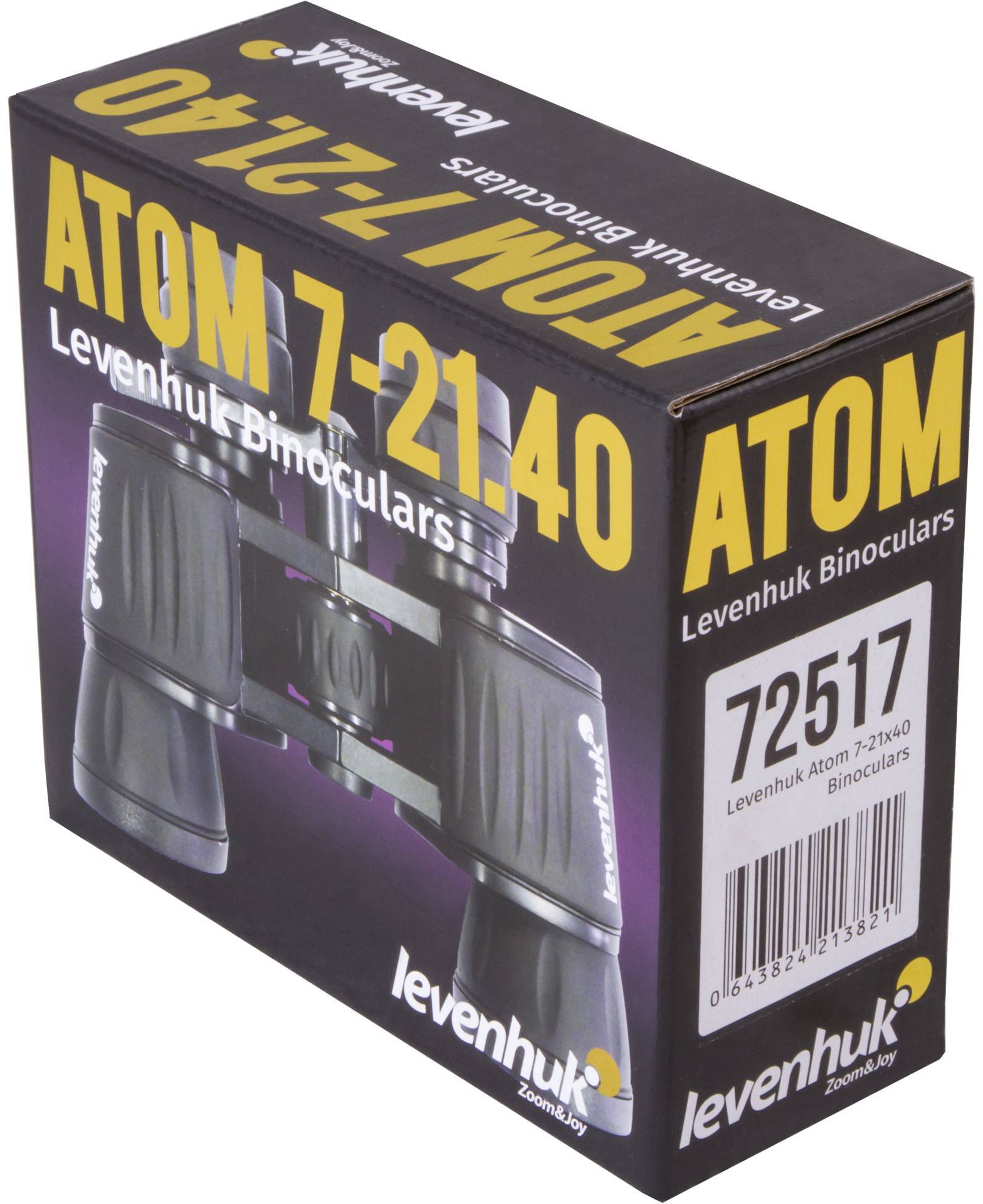 Opakowanie lornetki Levenhuk Atom 7x21x40. Tekst: 'ATOM 7-21x40', 'Lornetki Levenhuk', Numer modelu 72517.