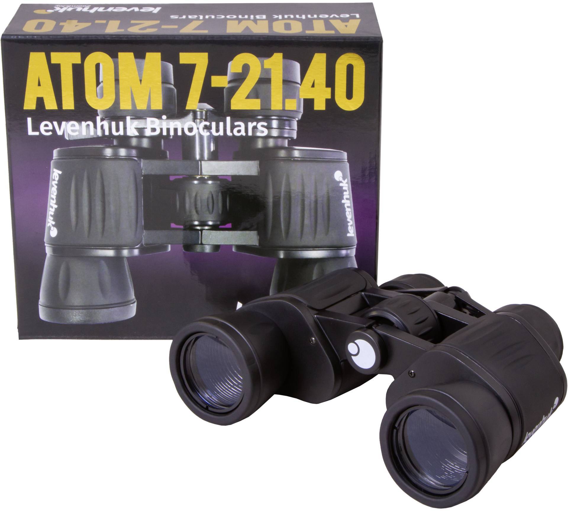 Lornetka 'Levenhuk Atom 7-21x40' przed opakowaniem. Czarna obudowa, regulowane soczewki. Idealna do obserwacji ptaków i aktywności na świeżym powietrzu.