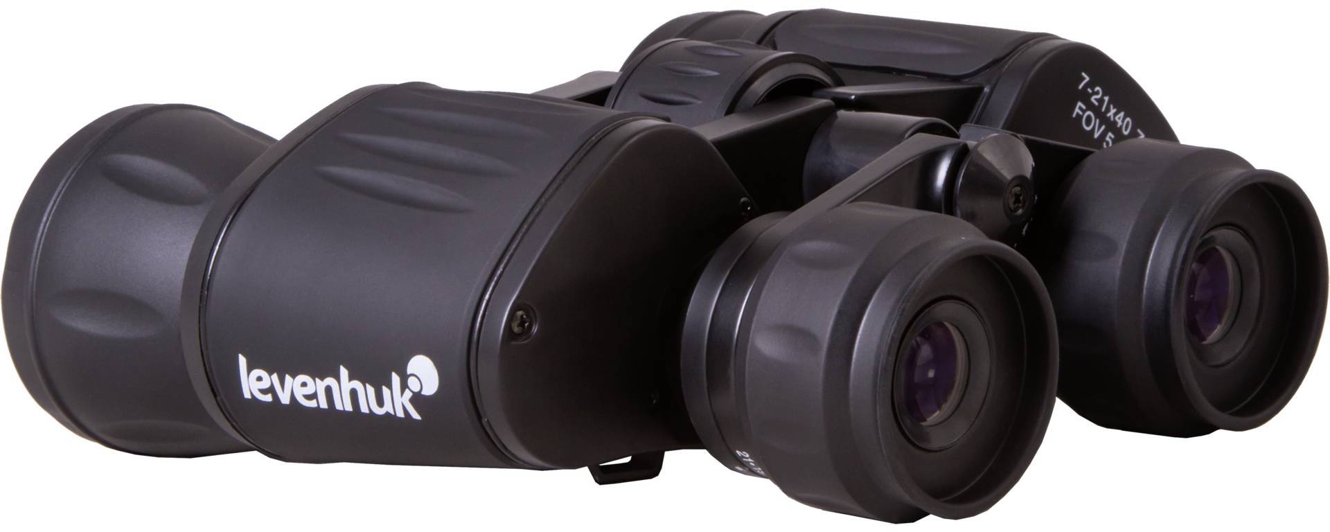 Lornetka w kolorze czarnym z napisem 'levenhuk', odpowiednia do powiększenia 7-21x40, umieszczona na jasnej powierzchni.