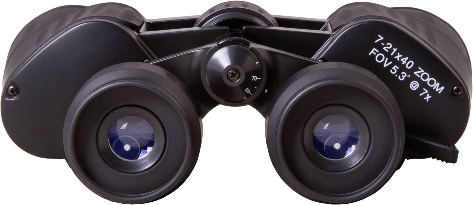 Czarna lornetka z regulacją powiększenia i mechanizmem składanym, idealna do obserwacji z daleka.