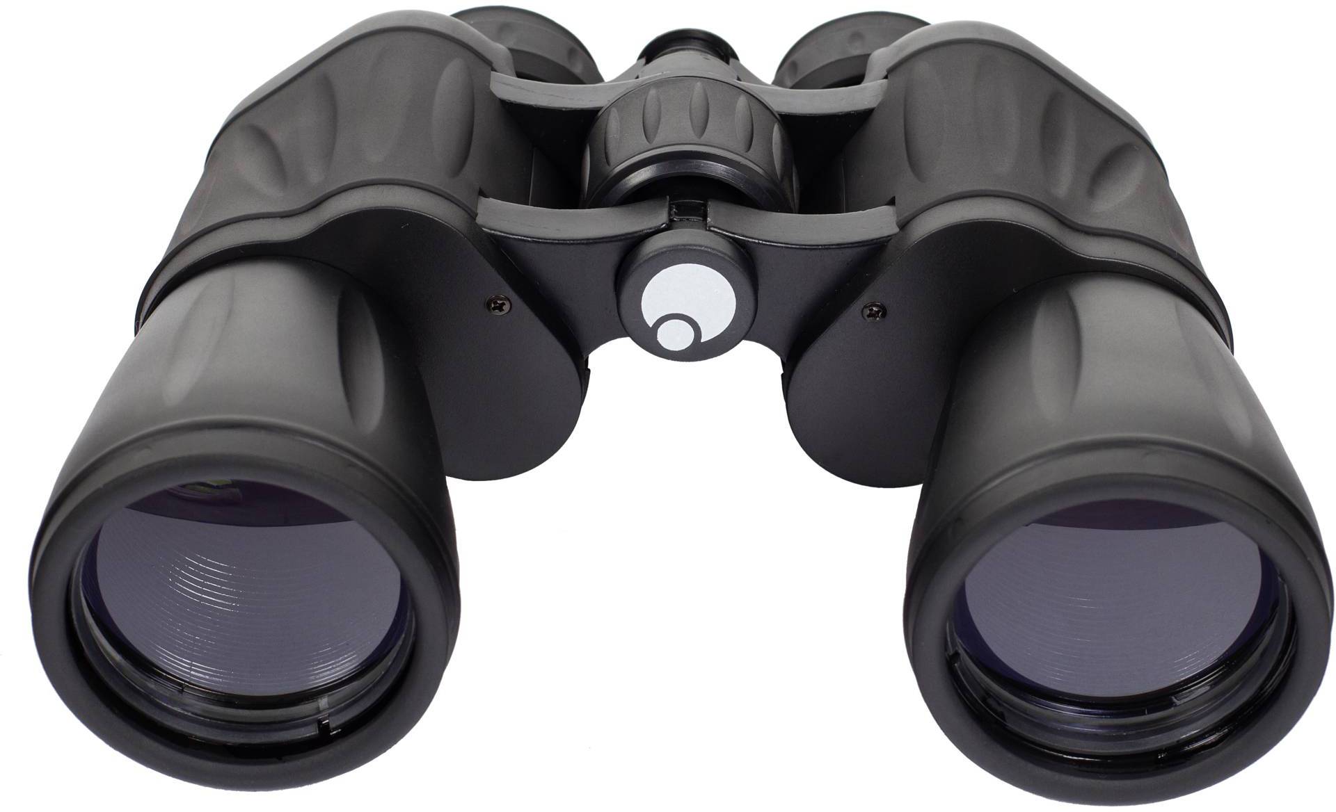 Czarna lornetka w zbliżeniu, sfotografowana perspektywicznie od przodu.