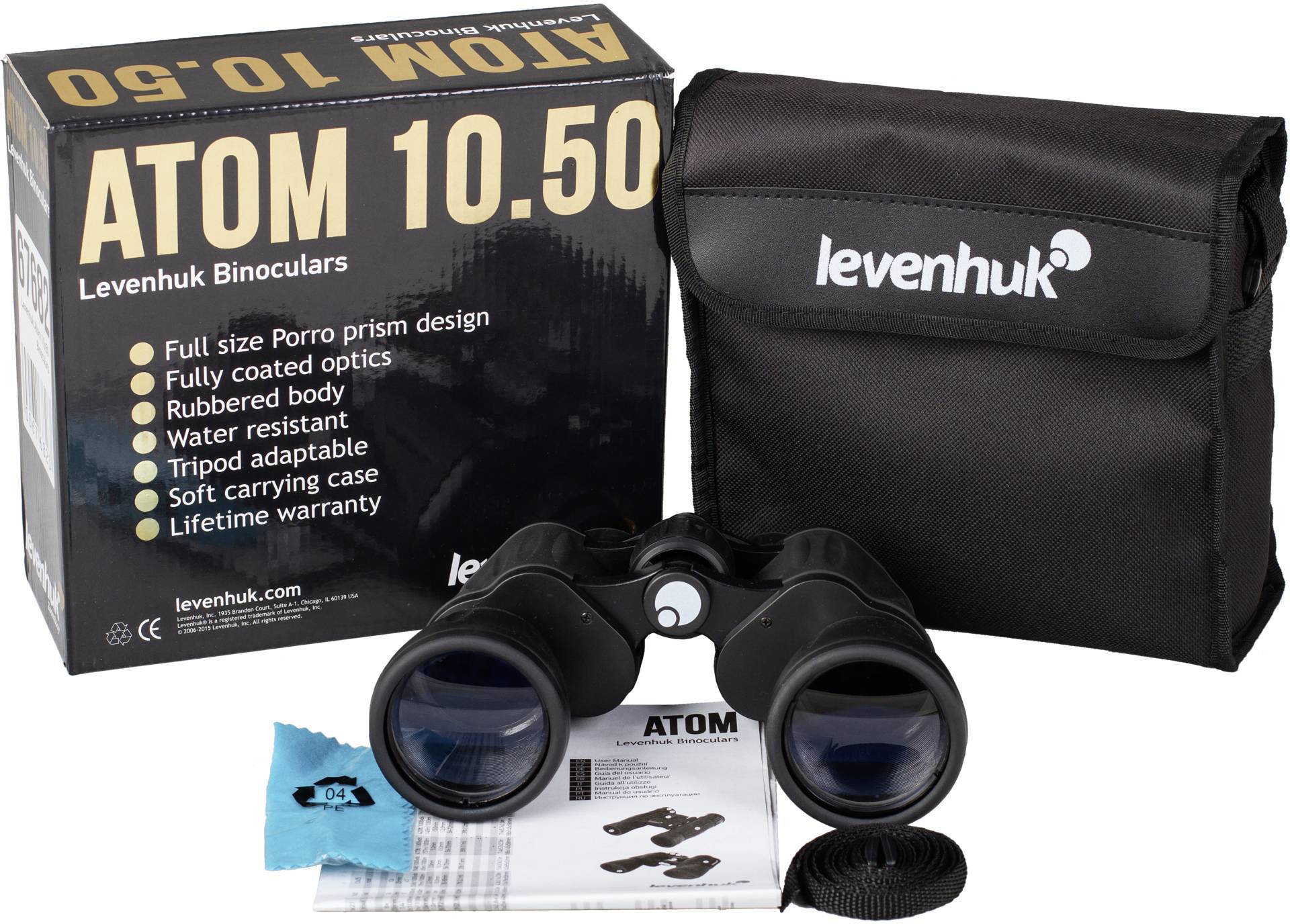 Lornetka z etui i ściereczką do czyszczenia. Opakowanie podkreśla cechy takie jak w pełni powlekana optyka i wodoodporność.