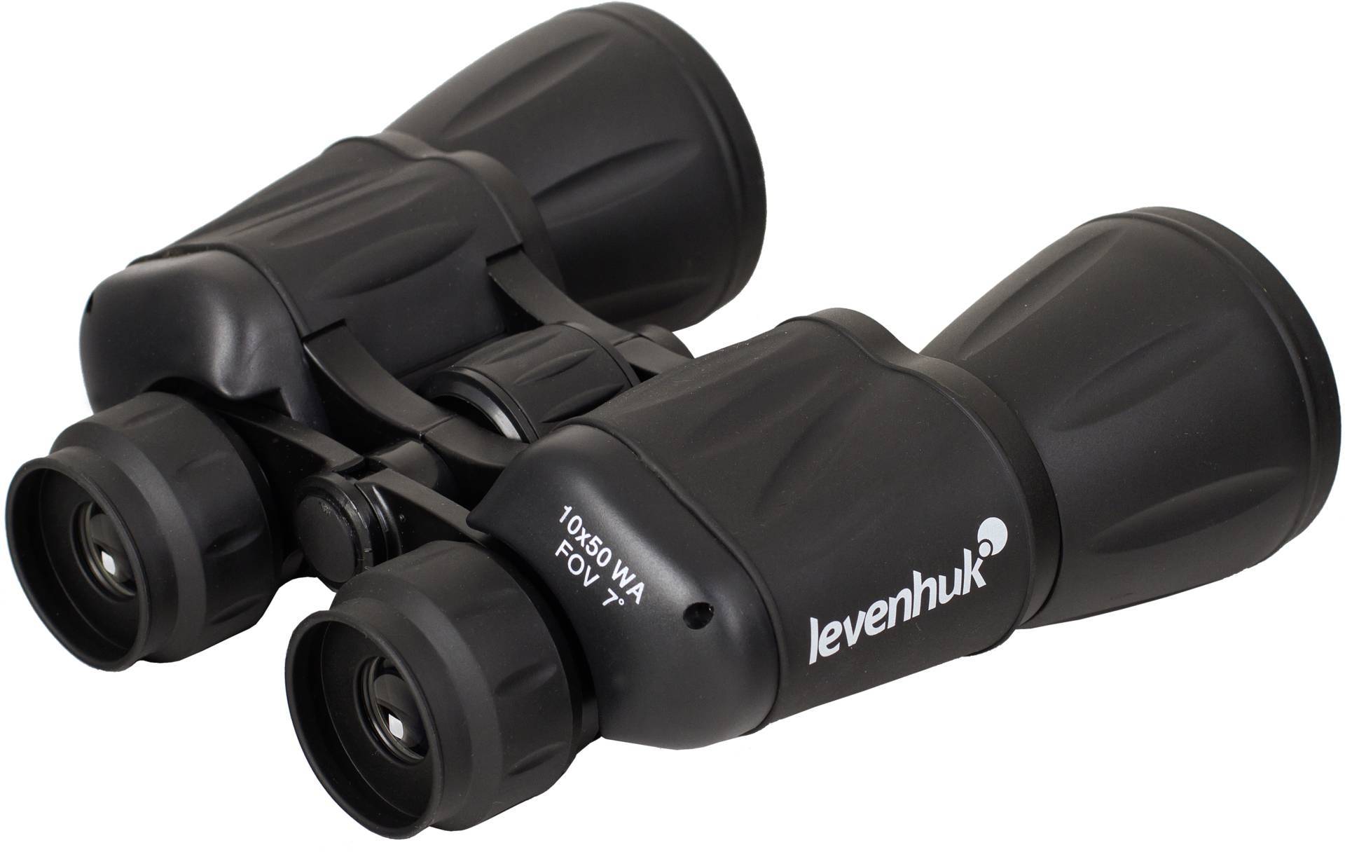 Czarna lornetka z napisem 'levenhuk' oraz specyfikacjami '10x50 WA FOV 7°' z boku.