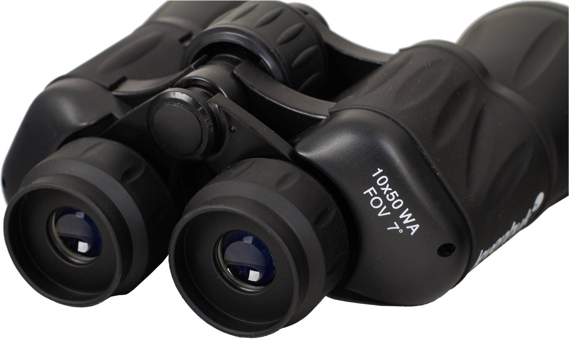 Czarne lornetka z napisem '10x50 WA FOV 7', widoczne dwa okulary, przeznaczona do obserwacji i orientacji.
