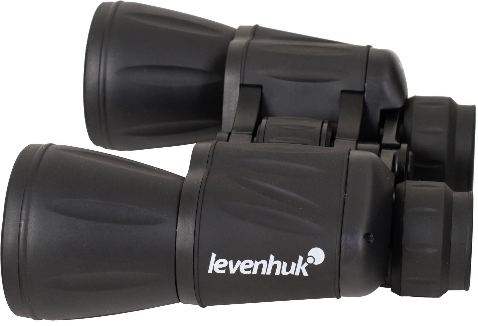 Czarna lornetka marki Levenhuk leży na boku. Nadaje się do aktywności na świeżym powietrzu, takich jak obserwacja ptaków i wędrówki.