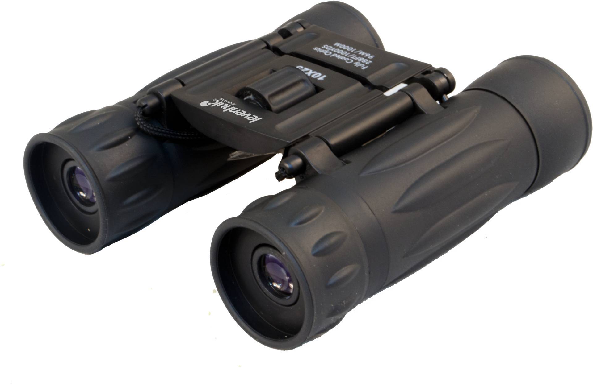 Czarna lornetka o chropowatej powierzchni z wbudowanym mechanizmem fokusowania. Znajduje się w złożonym położeniu.