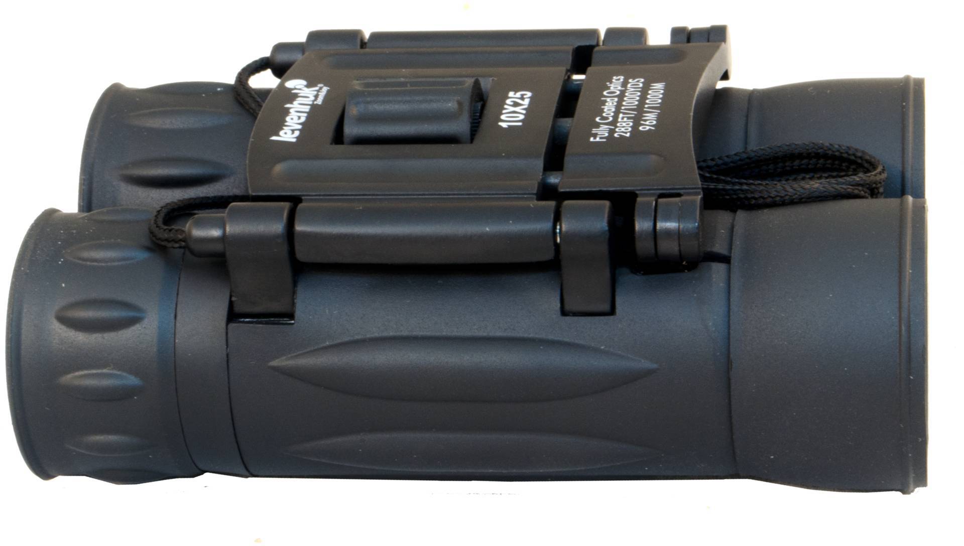 Lornetka w czarnej obudowie z paskiem do noszenia, powiększenie 10x25.