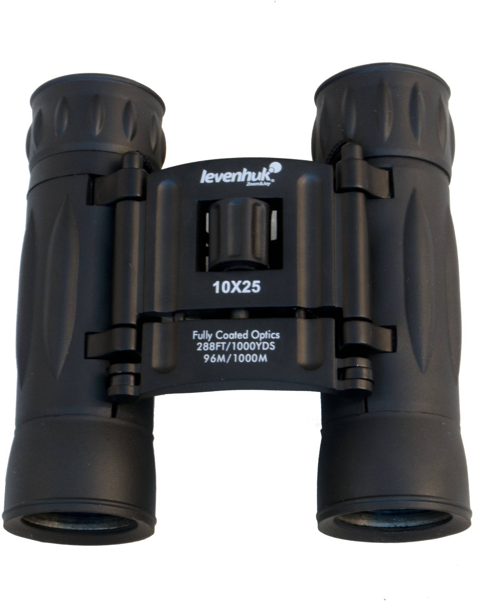 Lornetka z napisem '10X25', czarna, kompaktowa, odpowiednia do użytku na świeżym powietrzu.