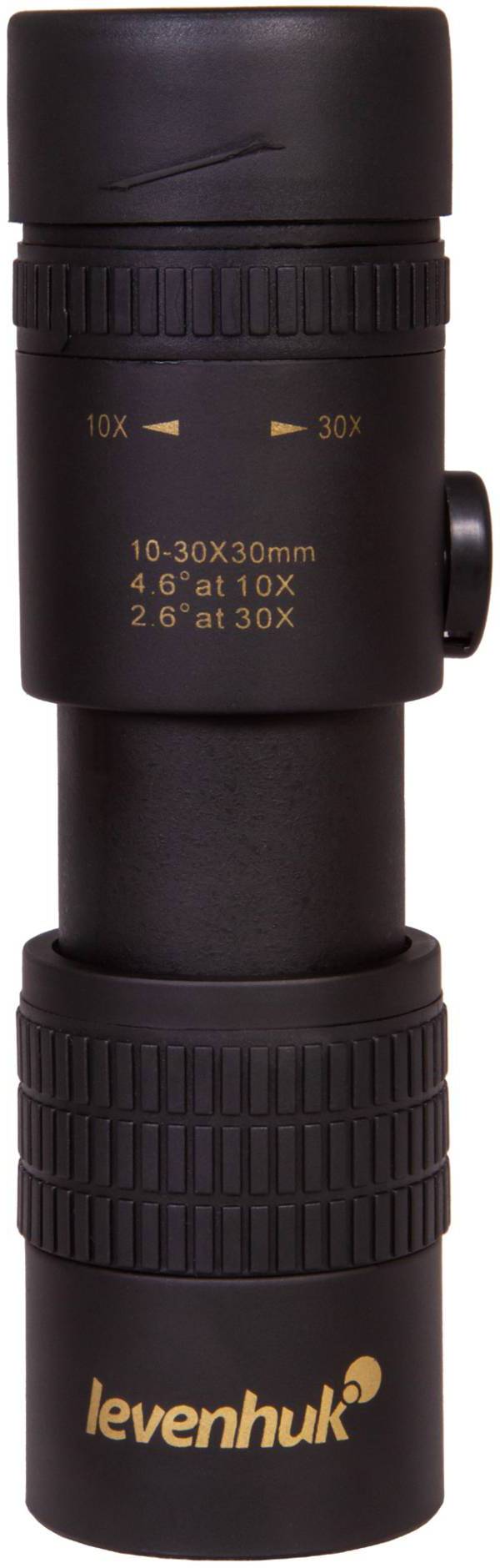 Czarne monokularowe urządzenie optyczne marki 'Levenhuk' z opcjami powiększenia od 10x do 30x, oznaczone podziałką poziomów zoomu.