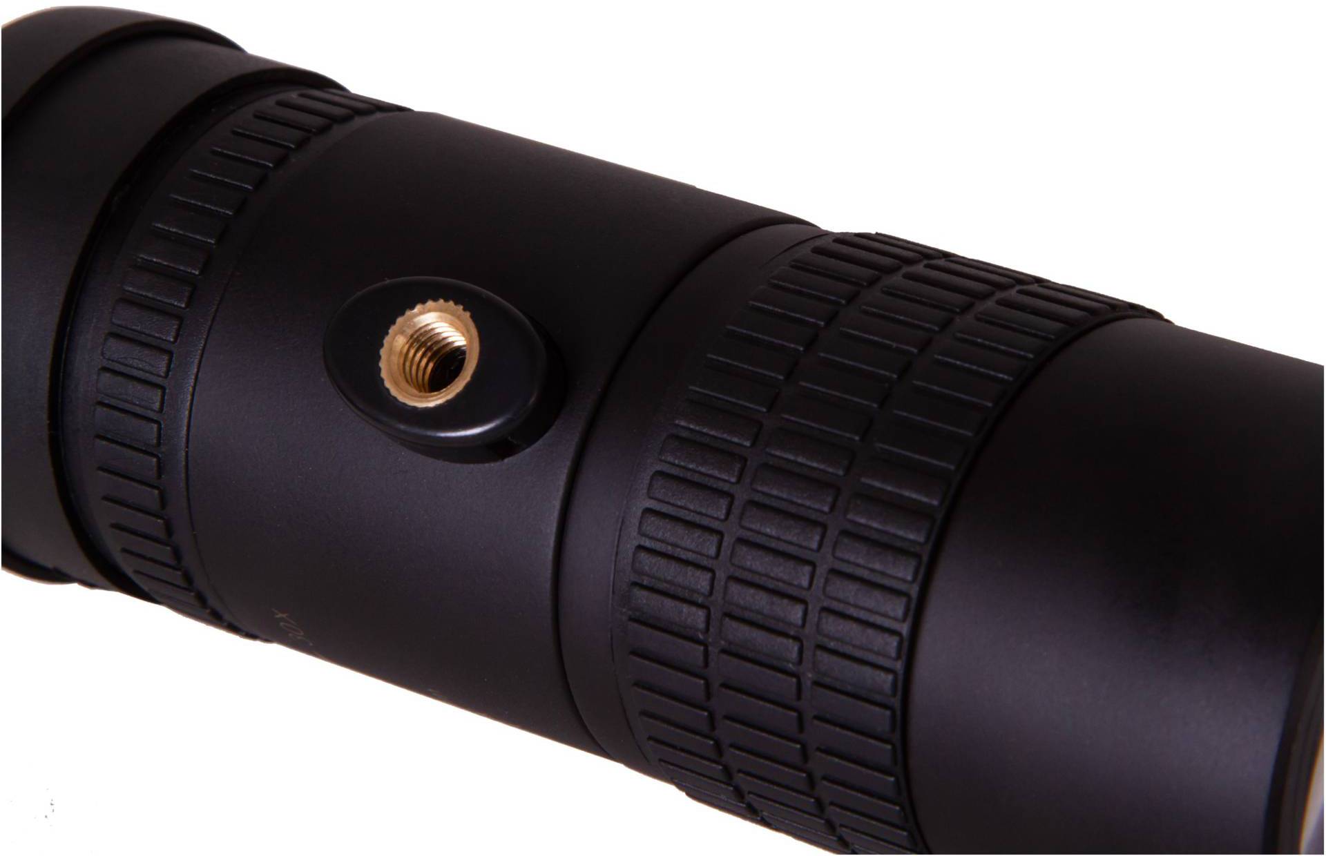 Czarny cylinder z dwoma prążkowanymi sekcjami i mosiężnym złączem gwintowym.