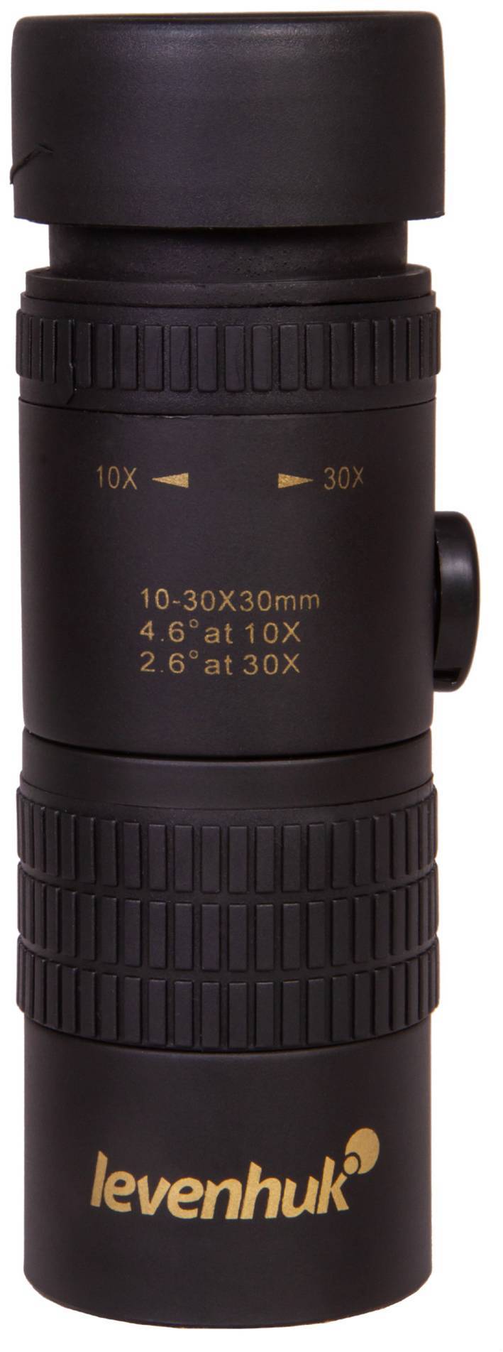 Czarny monokular z powiększeniem od 10x do 30x i średnicą obiektywu 30 mm, oznaczony po bokach markerami.