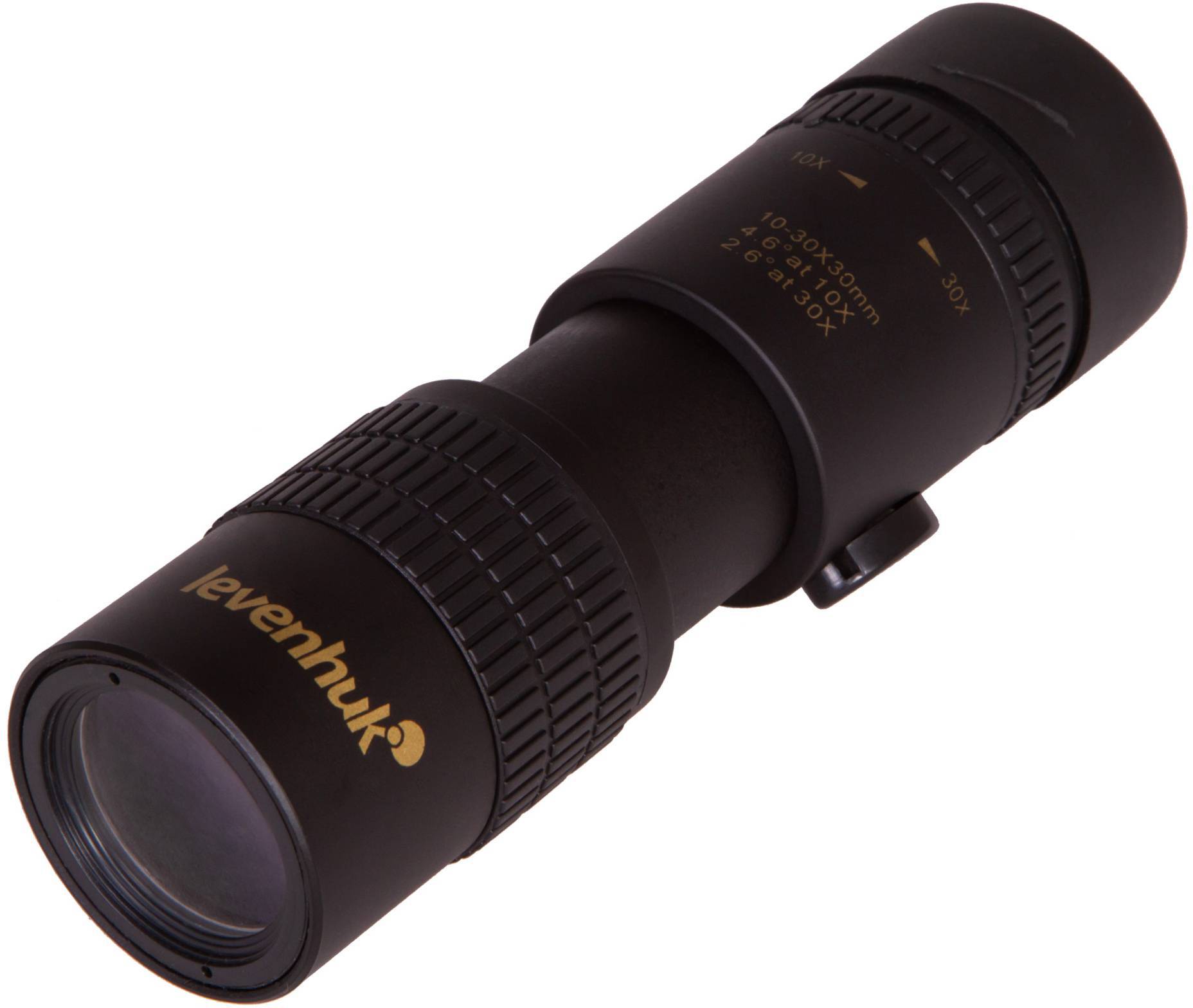 Czarne monokulum z napisem 'Levenhuk' i informacjami o powiększeniu 10-30x.