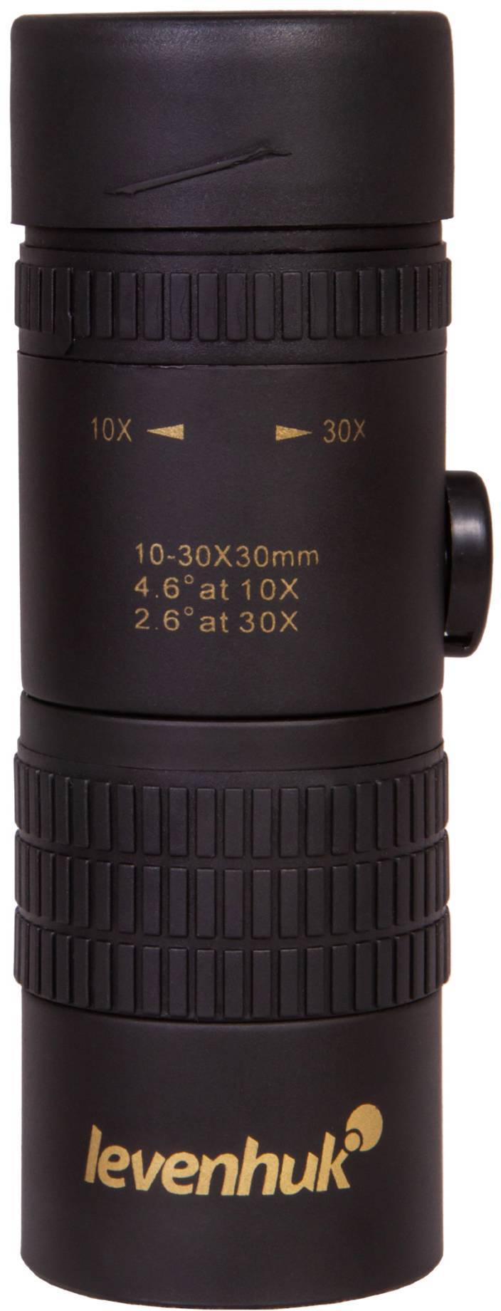 Kompaktowy, czarny monokular z opcjami zoomu od 10x do 30x powiększenia, z nazwą producenta i szczegółami produktu nadrukowanymi na obudowie.