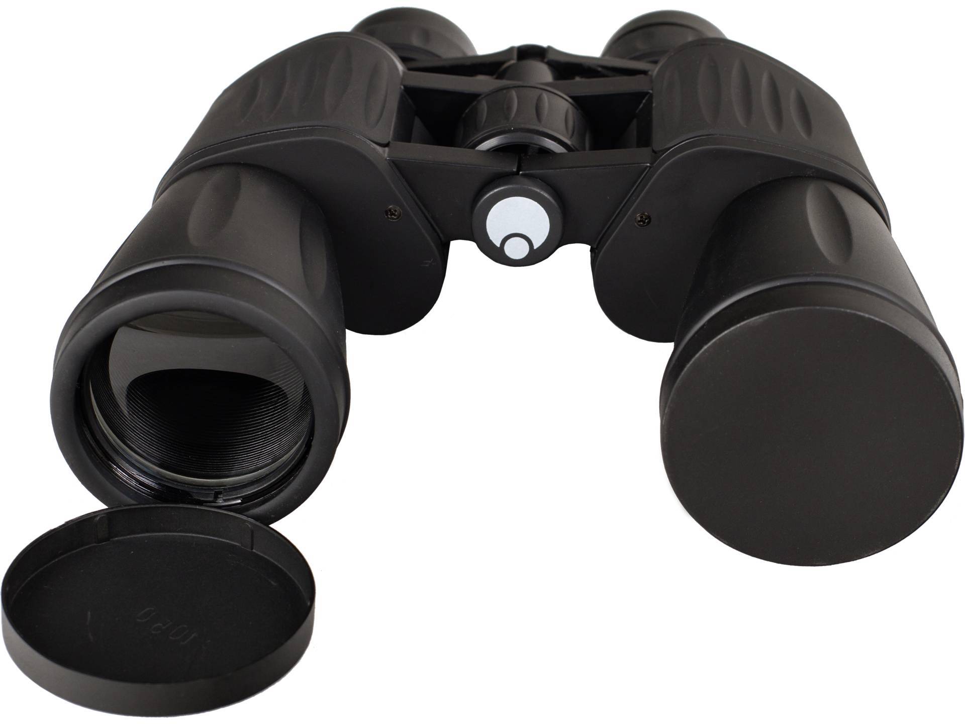 Czarna lornetka z odkrytą nakładką obiektywu, gotowa do użycia.