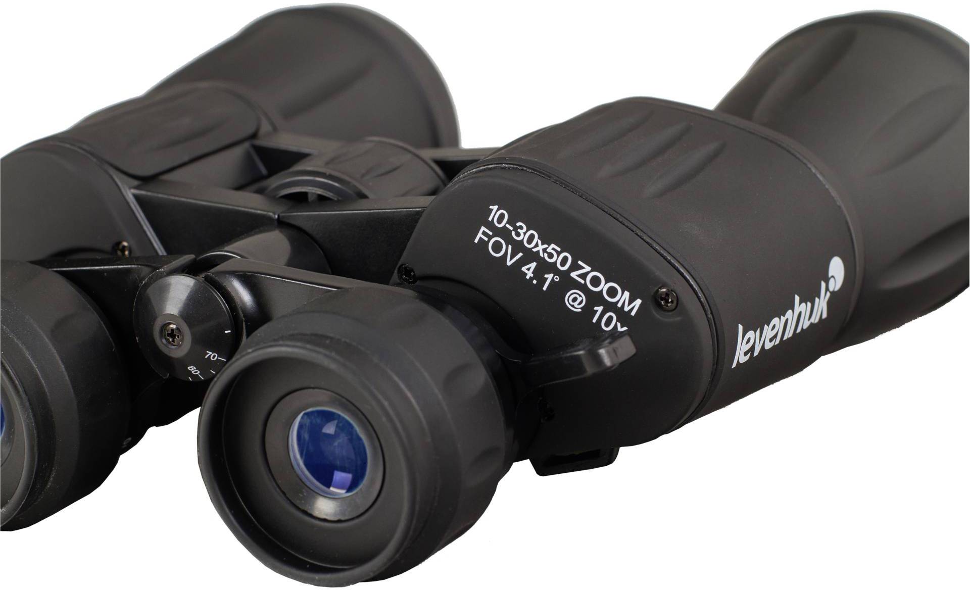 Czarna lornetka z napisem 'Levenhuk'. Widoczny regulowany mechanizm obrotowy do ustawiania ostrości.