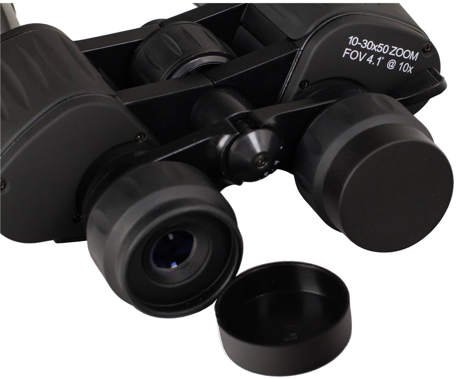Lornetka z funkcją zoomu i zdjętą pokrywą obiektywu. Etykieta wskazuje '10-30x50 ZOOM, pole widzenia 4,7° @ 10x'.