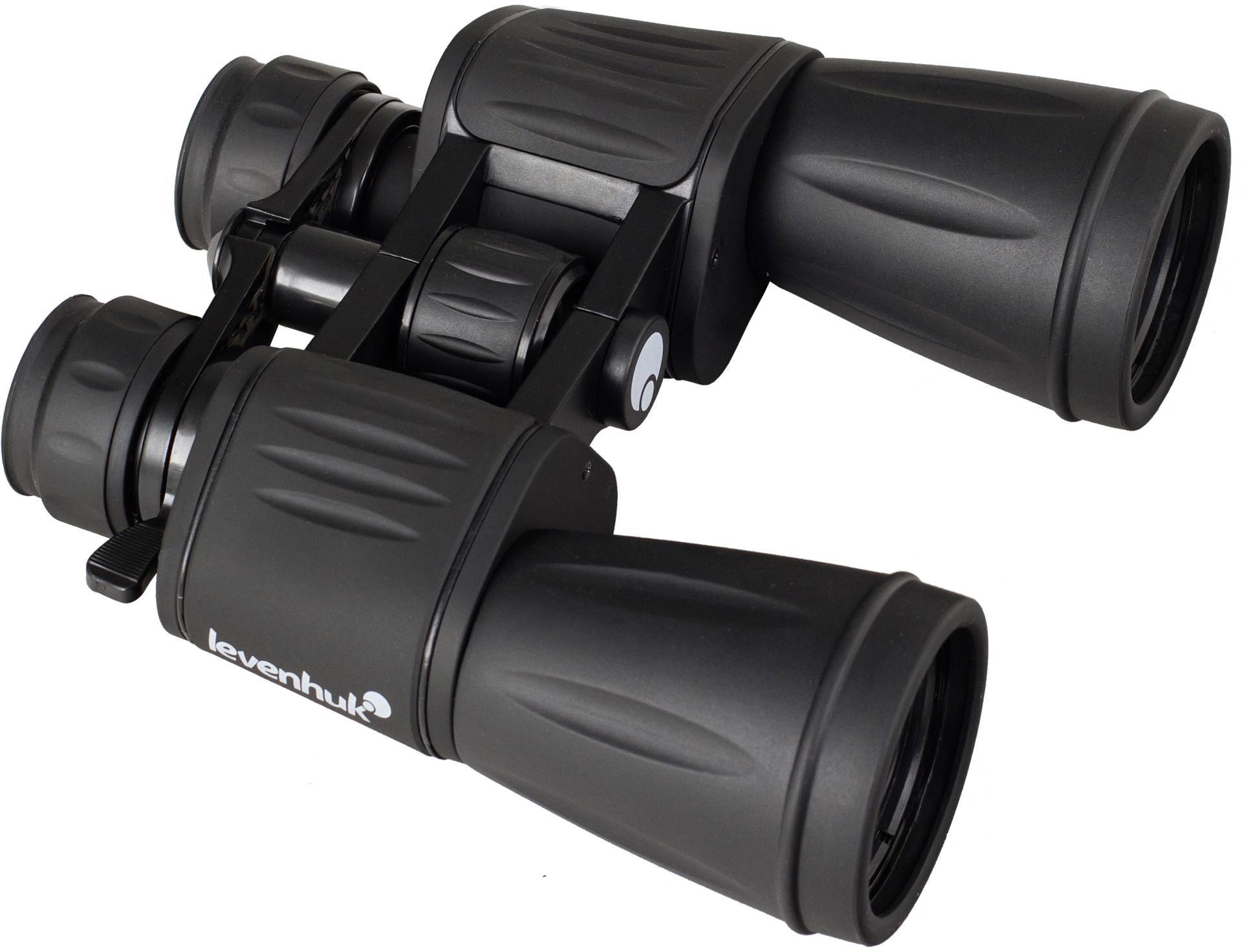 Czarna lornetka widziana z perspektywy czołowej, z dwoma dużymi soczewkami obiektywowymi i gumowaną powierzchnią.