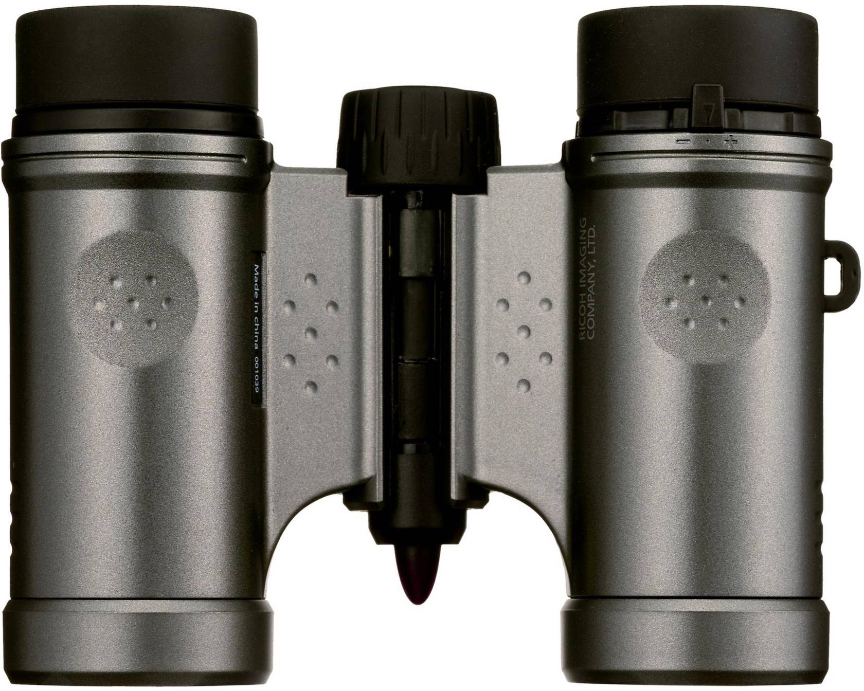 Lornetka z dwoma cylindrycznymi soczewkami i centralnym kółkiem ostrości, kompaktowa i metalowo-szara, odpowiednia do przygód na świeżym powietrzu.