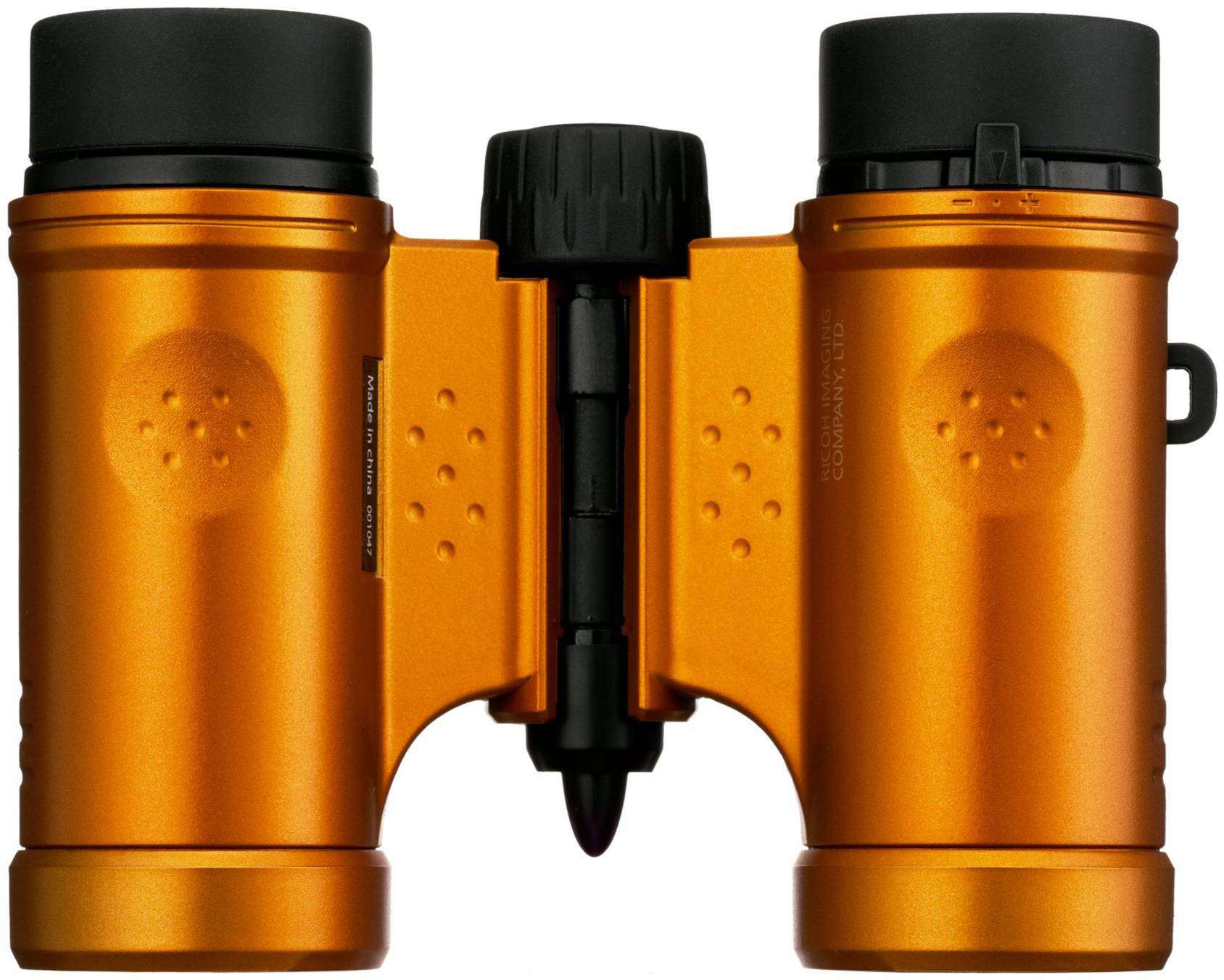 Kompaktowa, pomarańczowa lornetka z czarnymi elementami, przedstawiona w złożonej formie, idealna do aktywności na świeżym powietrzu.