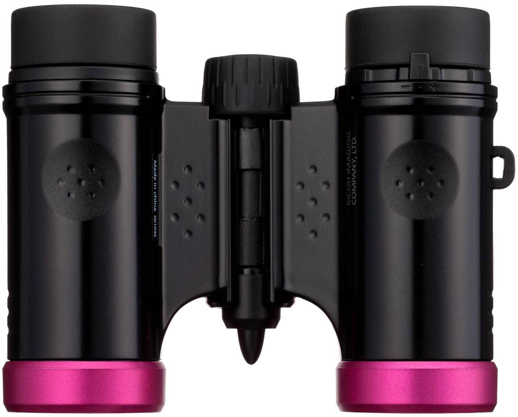 Czarna lornetka z czerwonymi akcentami, złożona, sfotografowana z przodu na białym tle.