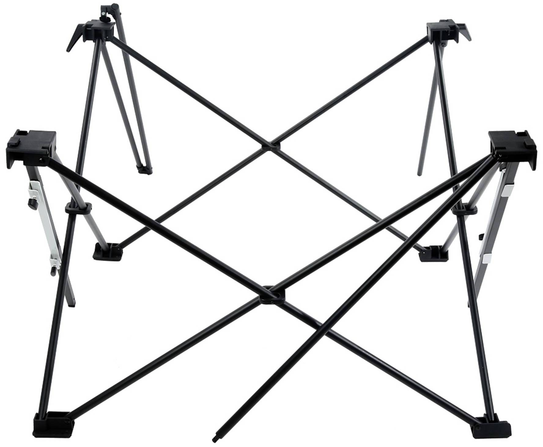 Składany stelaż stołowy z czarnego metalu. Odpowiedni do użytku mobilnego, zapewnia stabilne podparcie dla blatu stołowego.