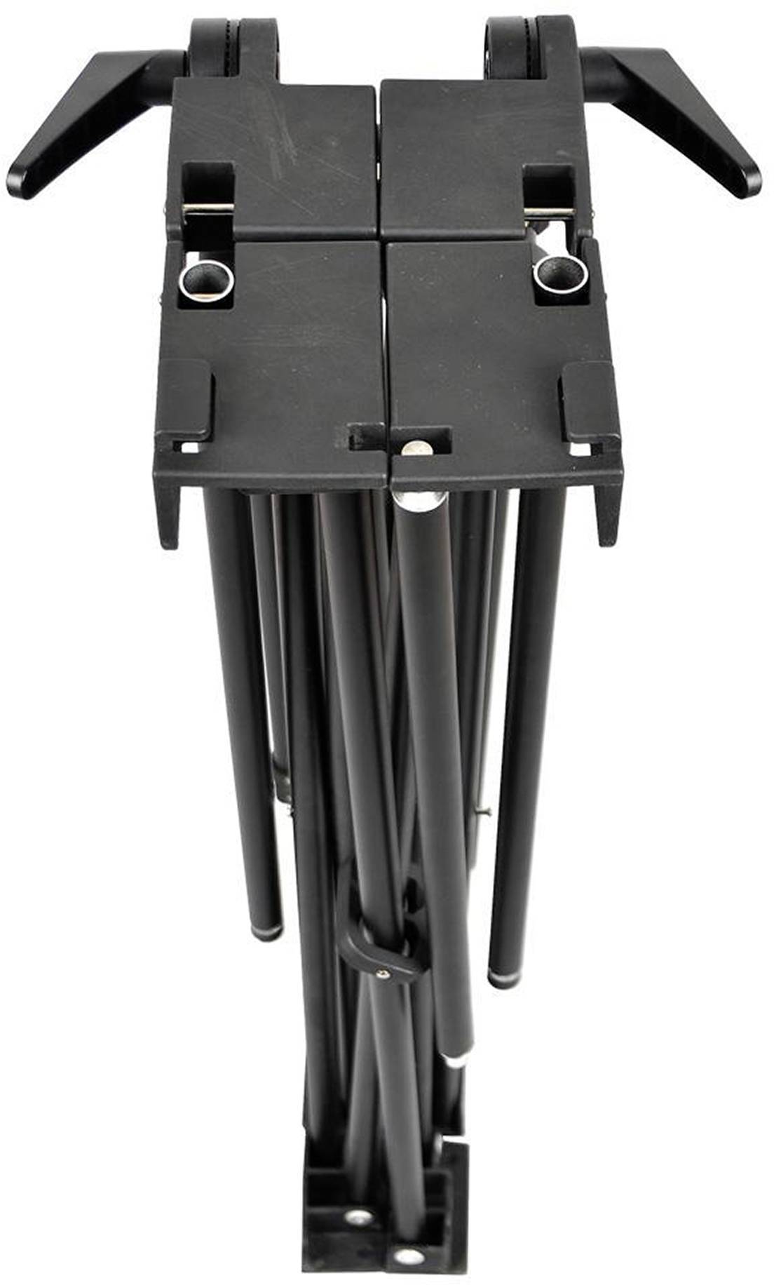 Czarny, składany stojak metalowy w pozycji pionowej, wyposażony w kilka cienkich prętów i zintegrowane uchwyty na górze.